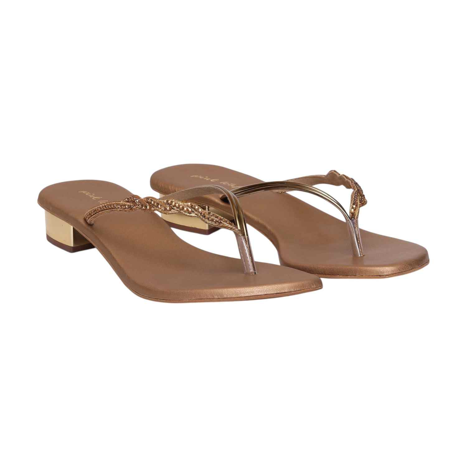 Women Antique Gold Embellished Heel Sandals