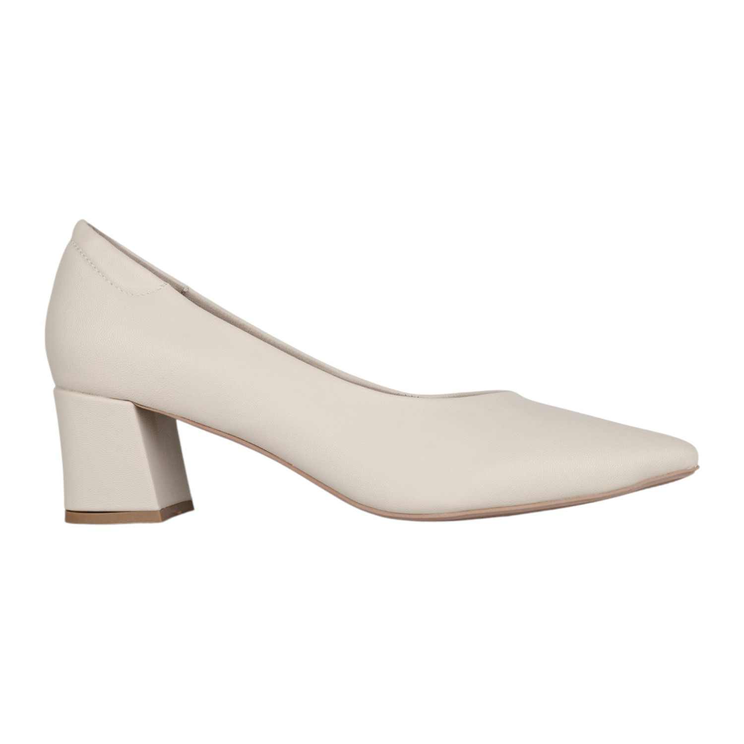 Women Cream Pointed Toe Block Heel Pumps