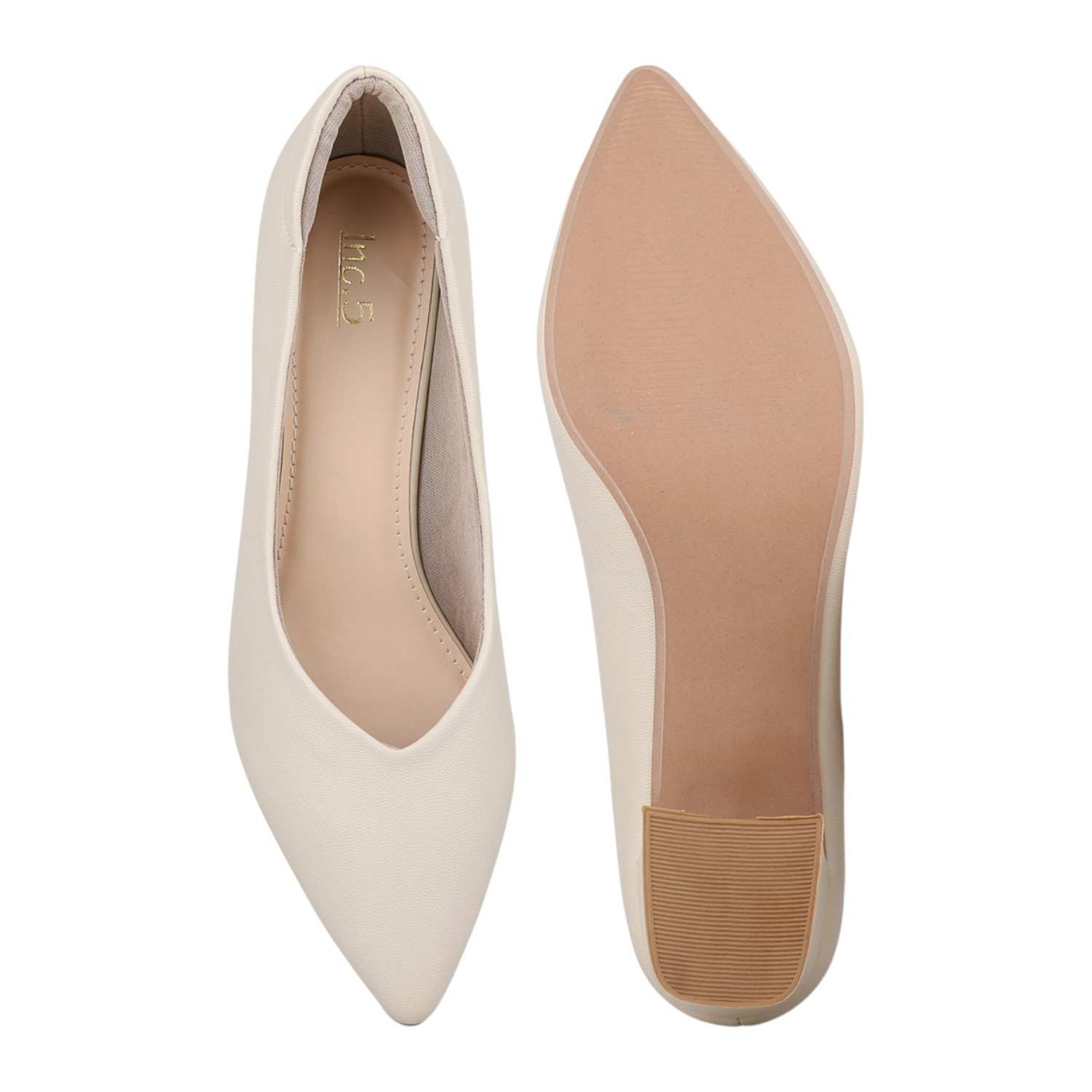 Women Cream Pointed Toe Block Heel Pumps