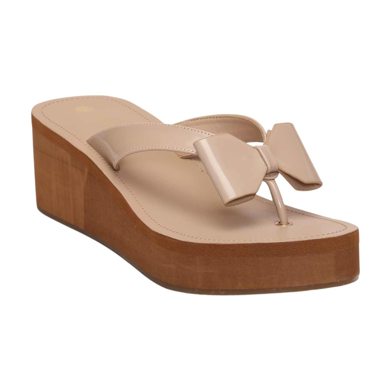 Women Beige Elegant Bow Wedge Sandals