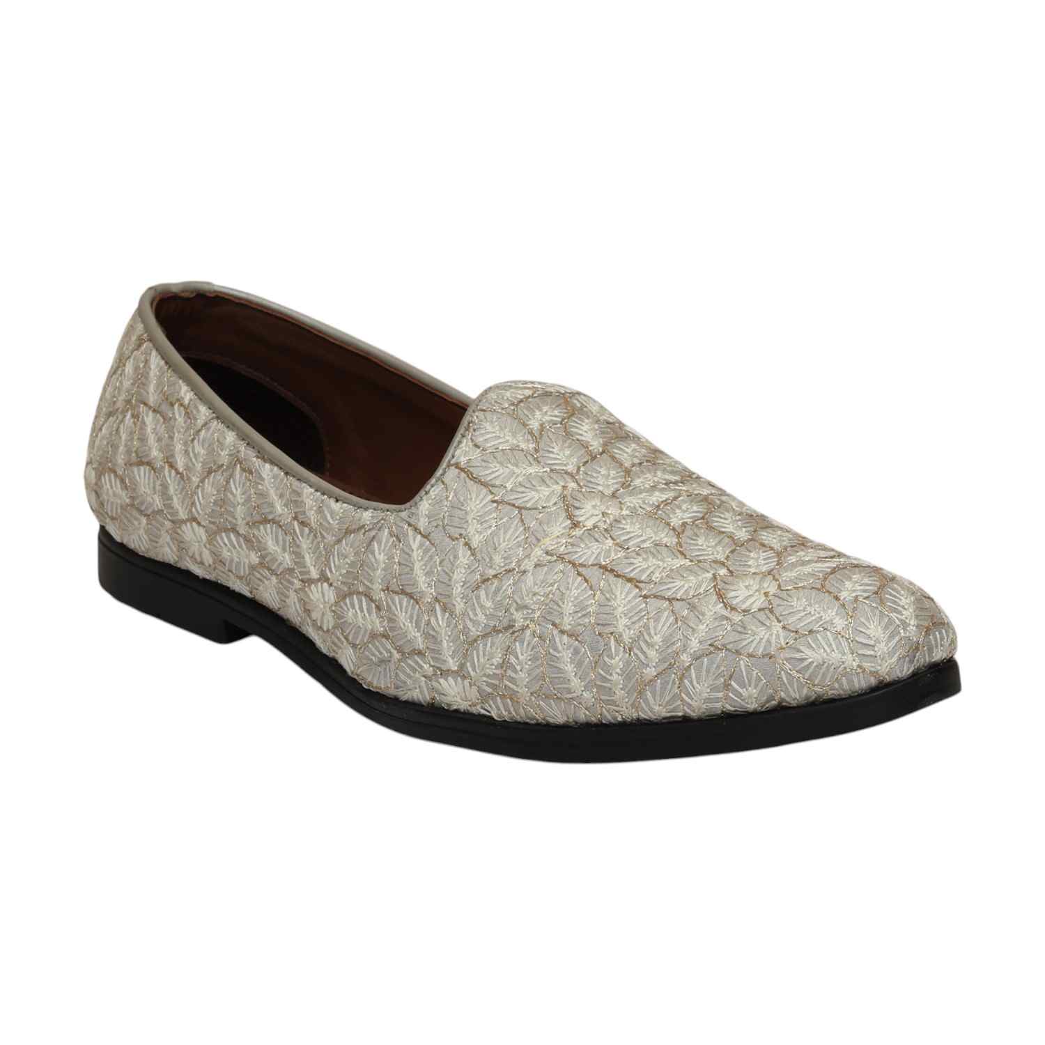Men Grey Embroidered Ethnic Joothis Slip On