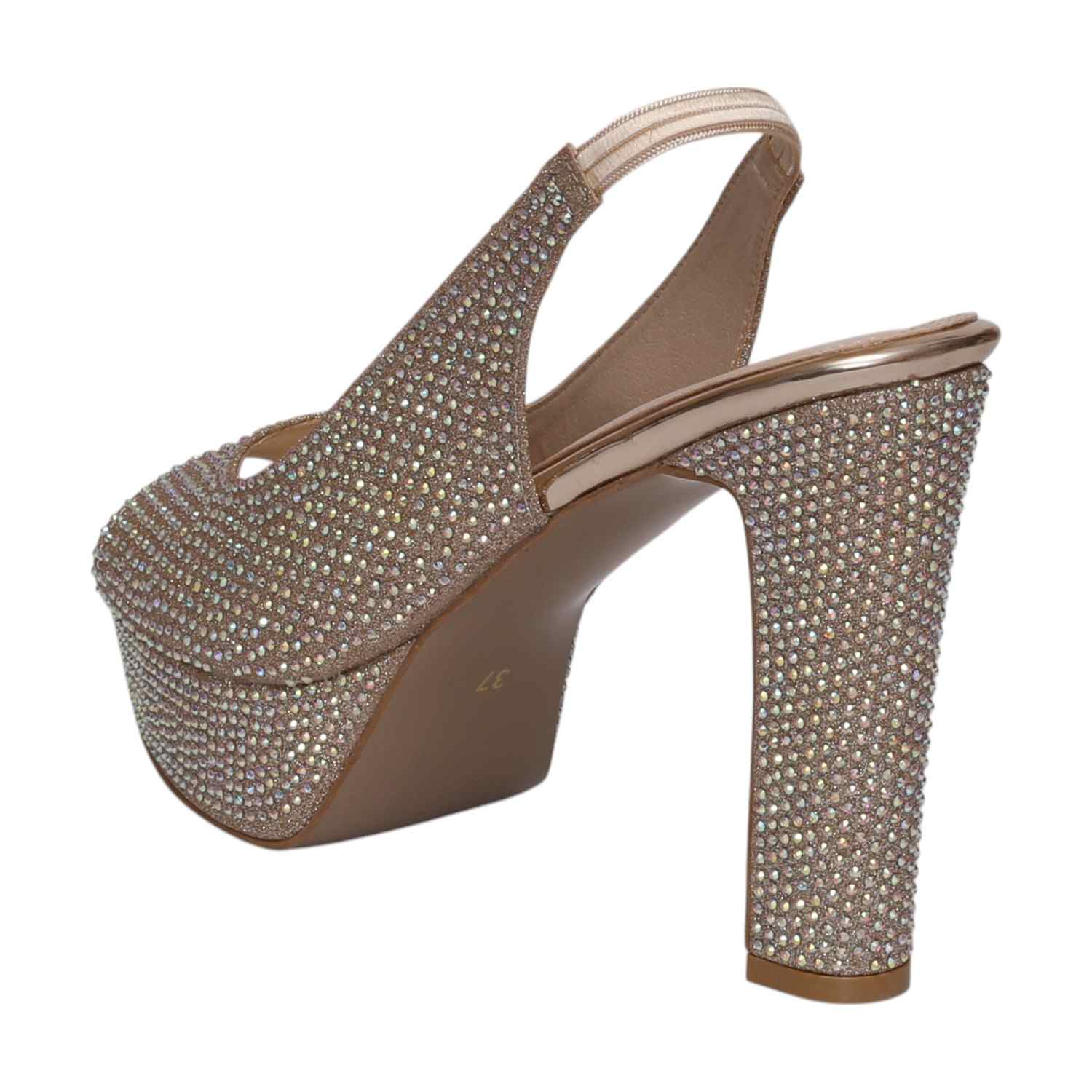 Women Gold Rhinestone Slingback Platform Heels