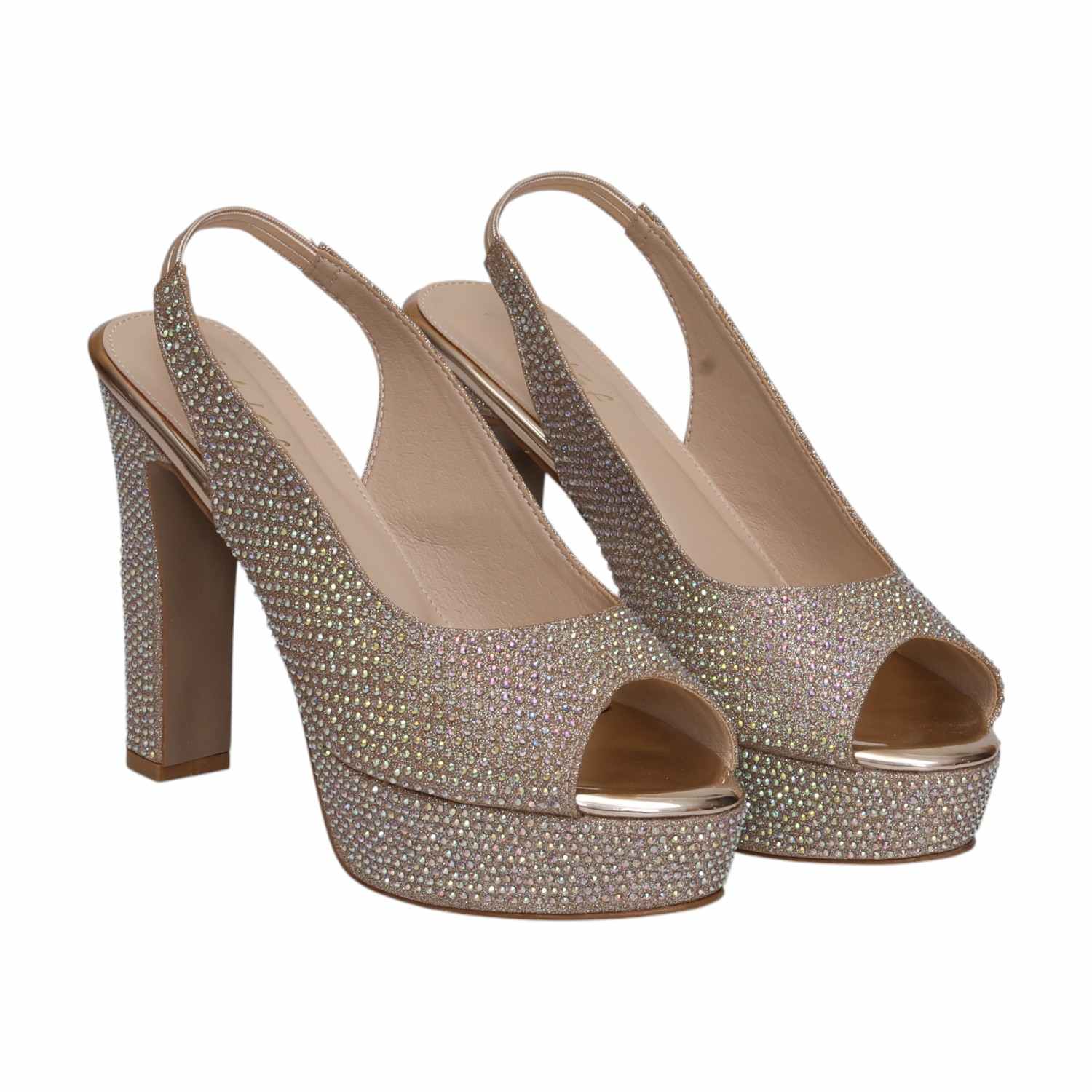 Women Gold Rhinestone Slingback Platform Heels