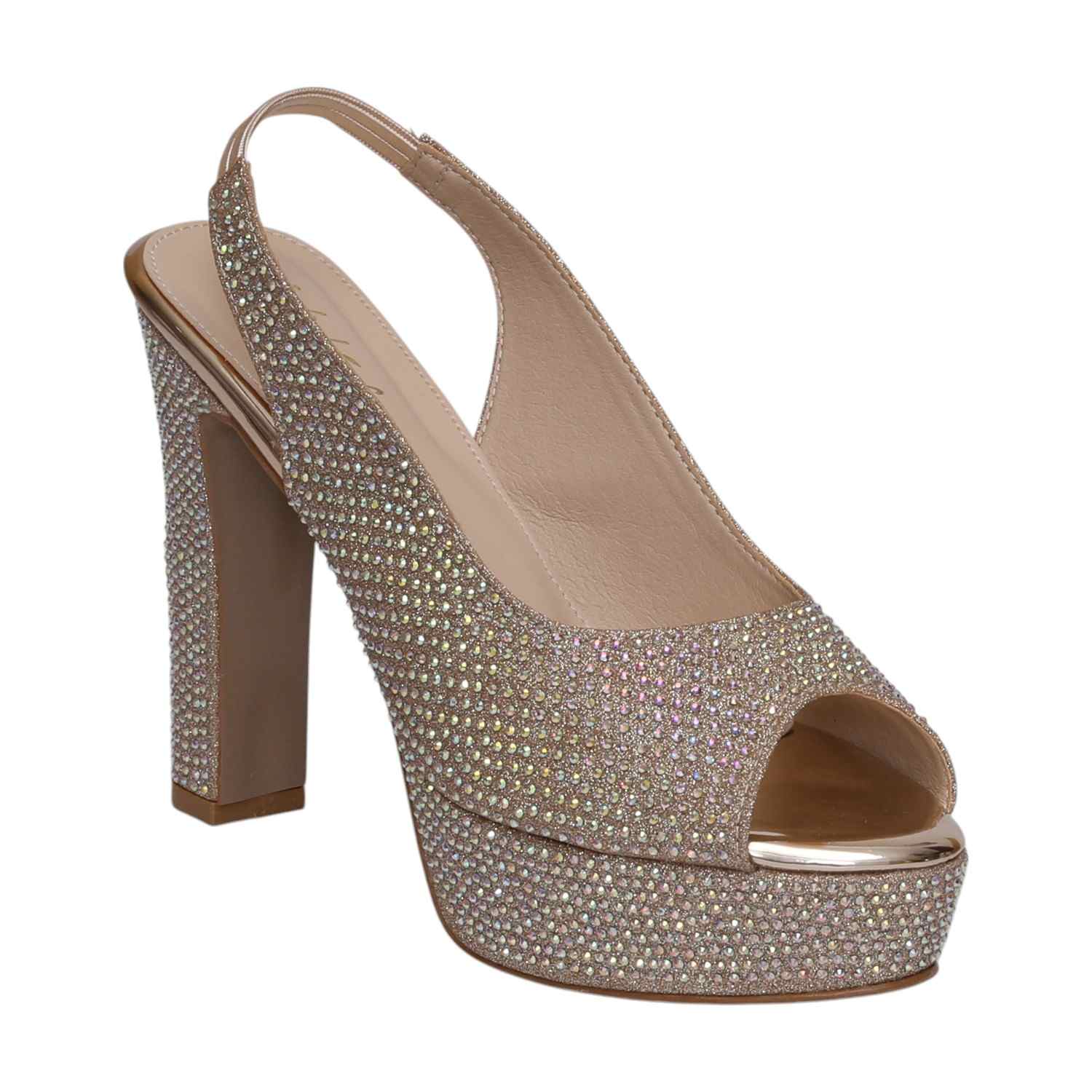 Women Gold Rhinestone Slingback Platform Heels