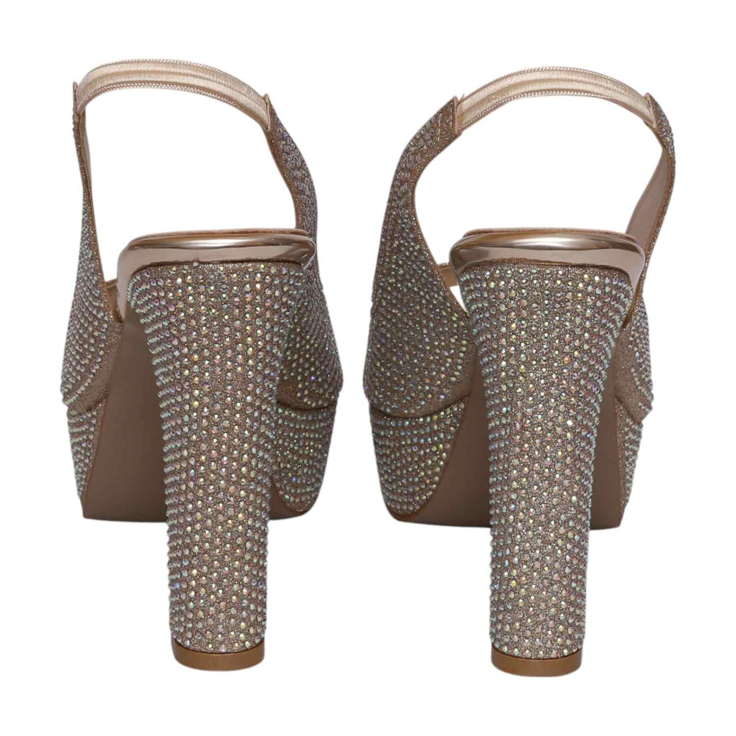 Women Gold Rhinestone Slingback Platform Heels