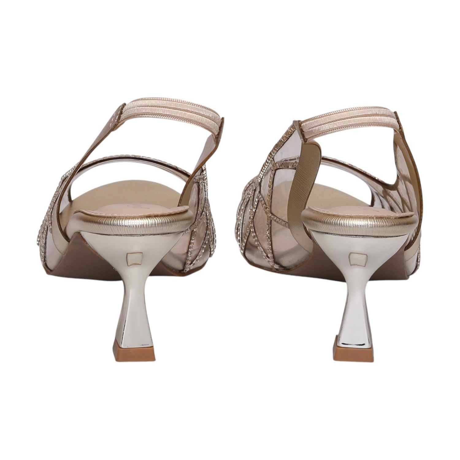 Women Gold Net Design Slingback Heel Sandals