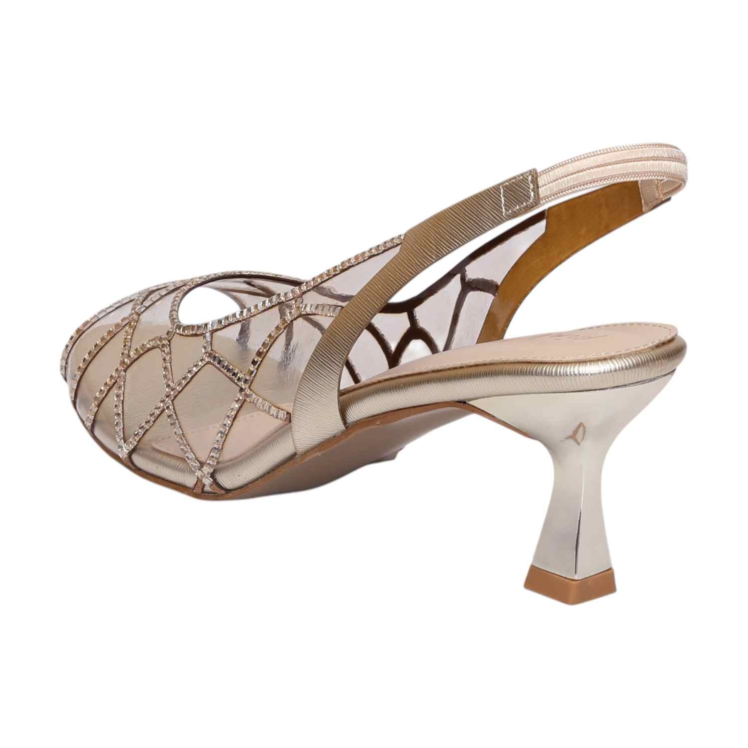 Women Gold Net Design Slingback Heel Sandals