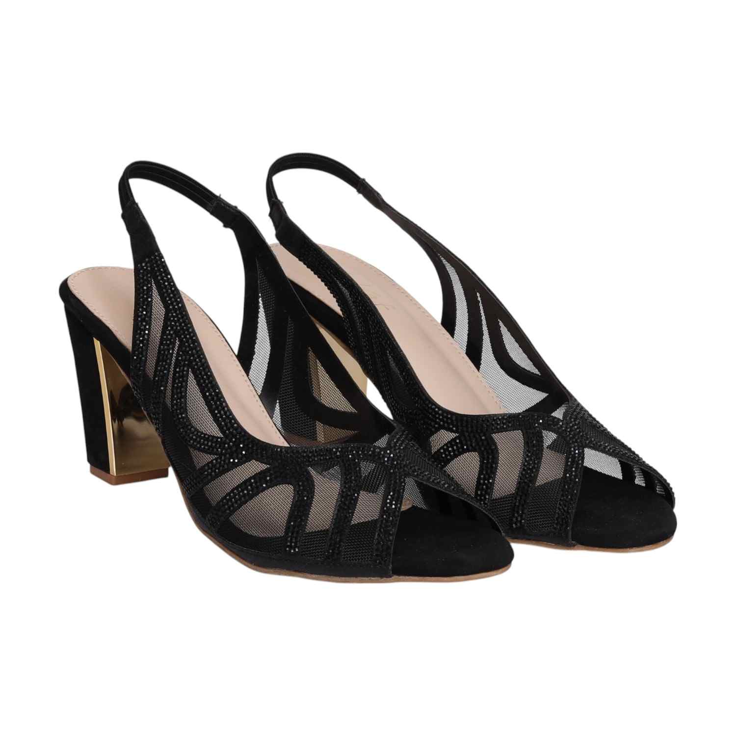 Women Black Mesh Slingback Heels With Gold Accent