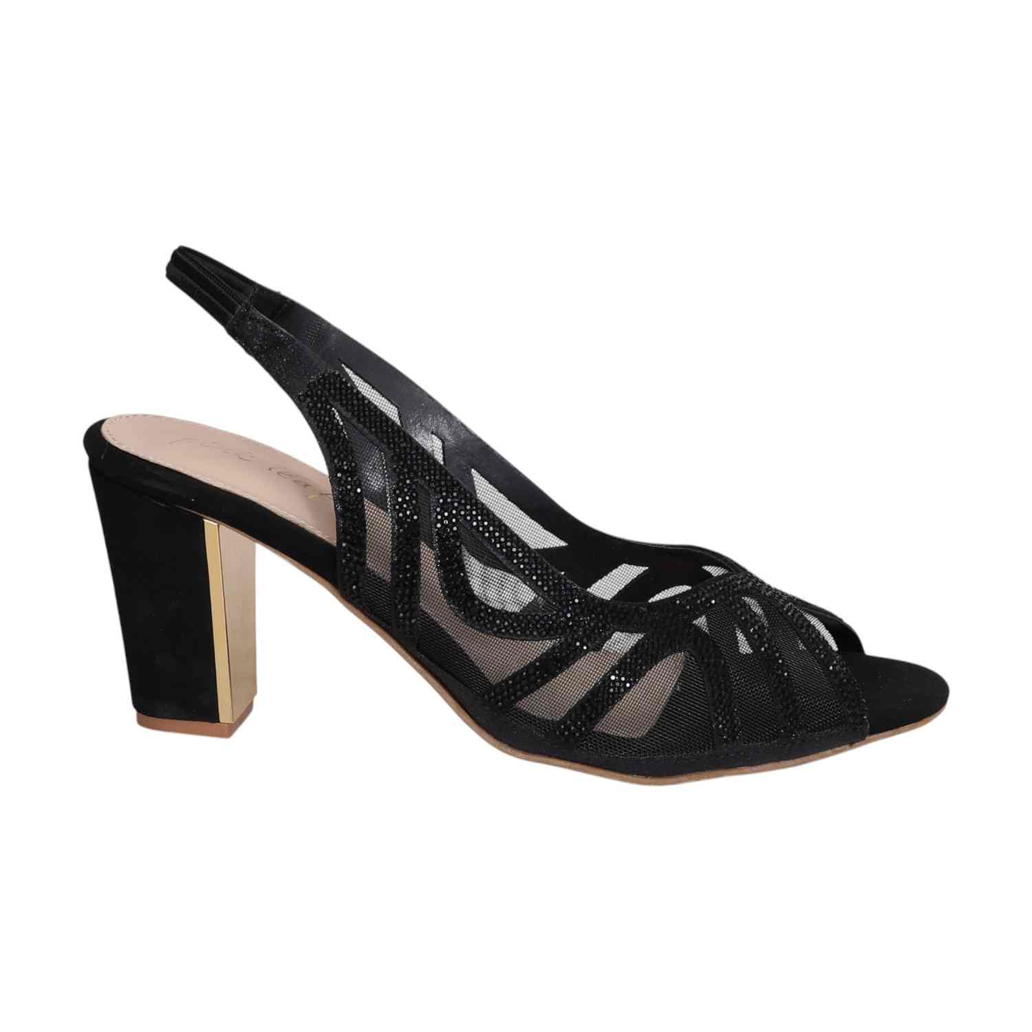 Women Black Mesh Slingback Heels With Gold Accent