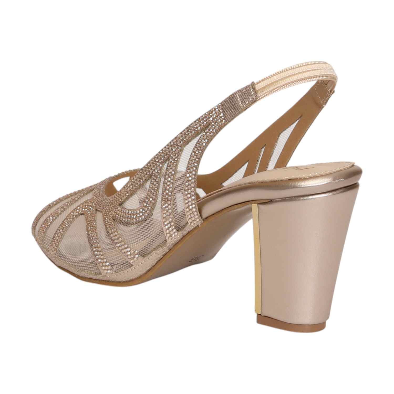 Women Gold Mesh Slingback Heels With Gold Accent