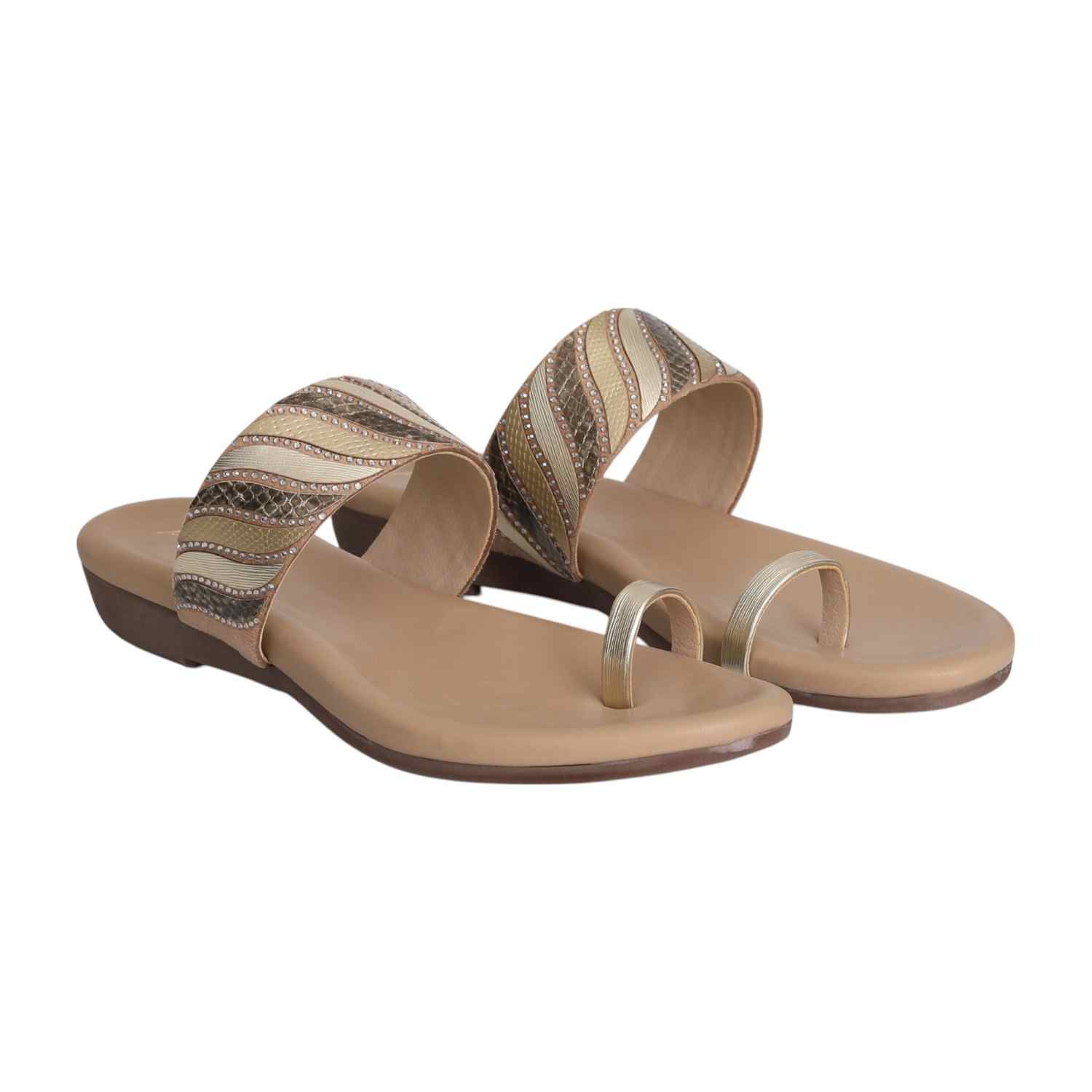Women Crystal Embellished Beige Slides
