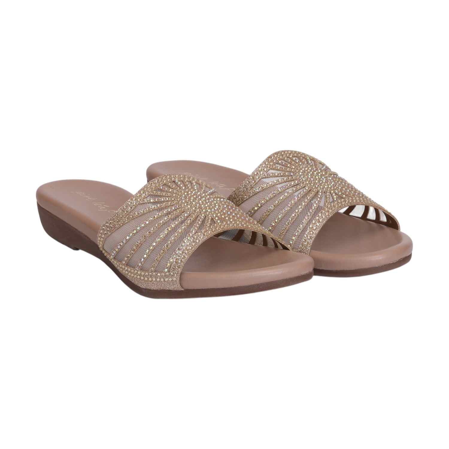 Women Beige Embellished Slides Fashion Flat