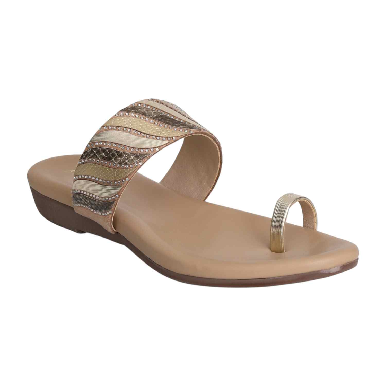 Women Crystal Embellished Beige Slides