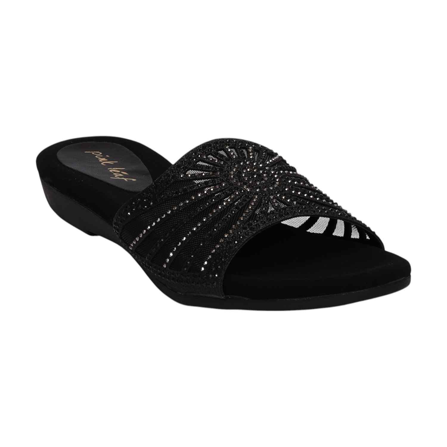 Women Black Embellished Slides Fashion Flat
