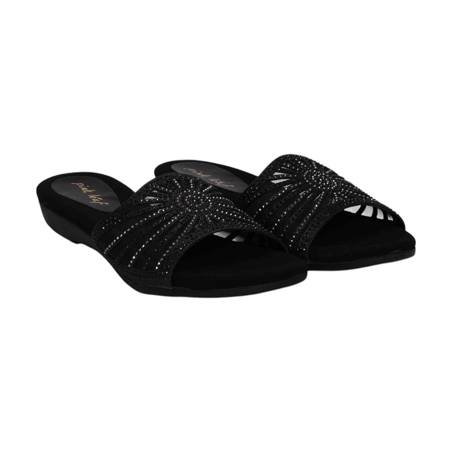 Women Black Embellished Slides Fashion Flat