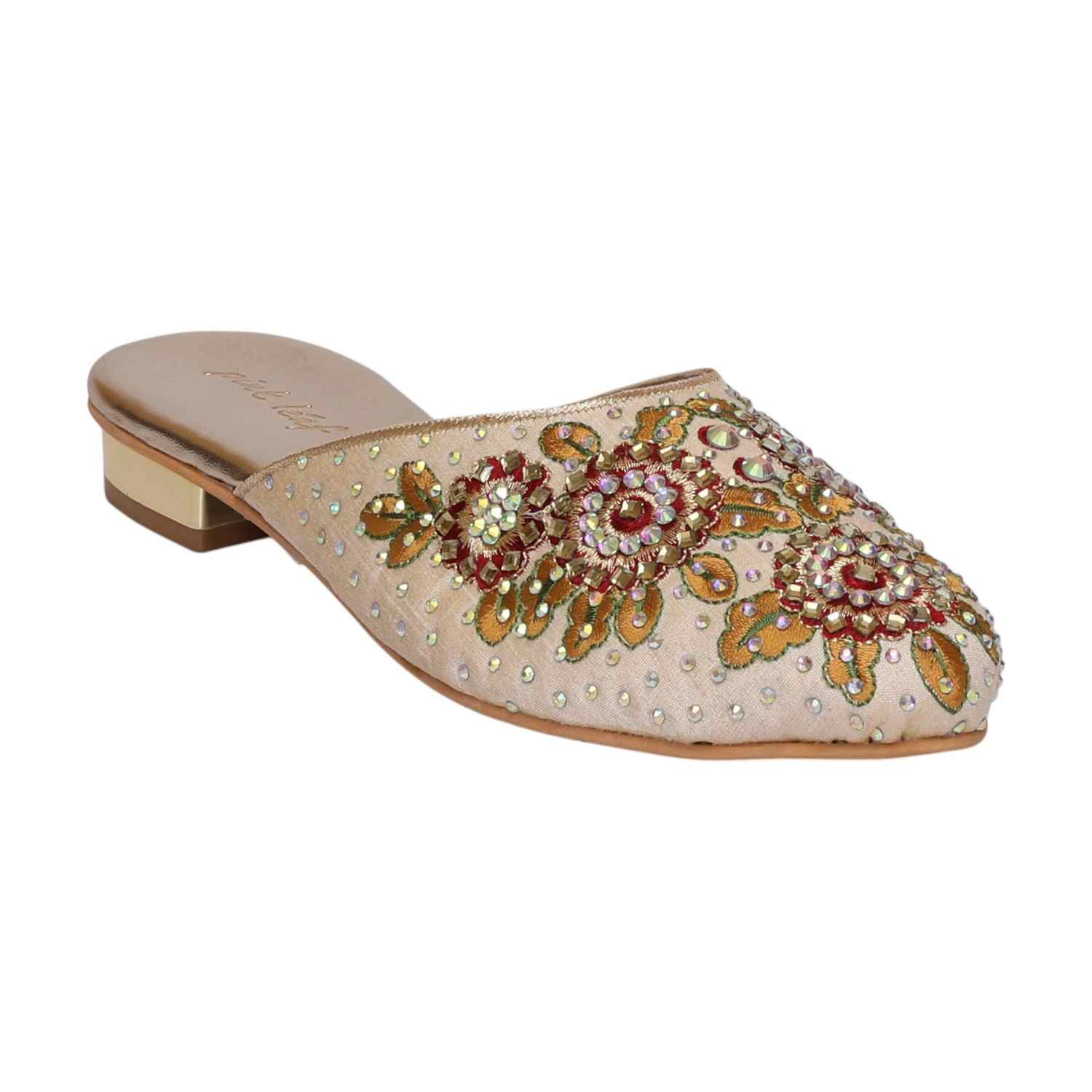 Women Gold Embroidered Slip-On Mules