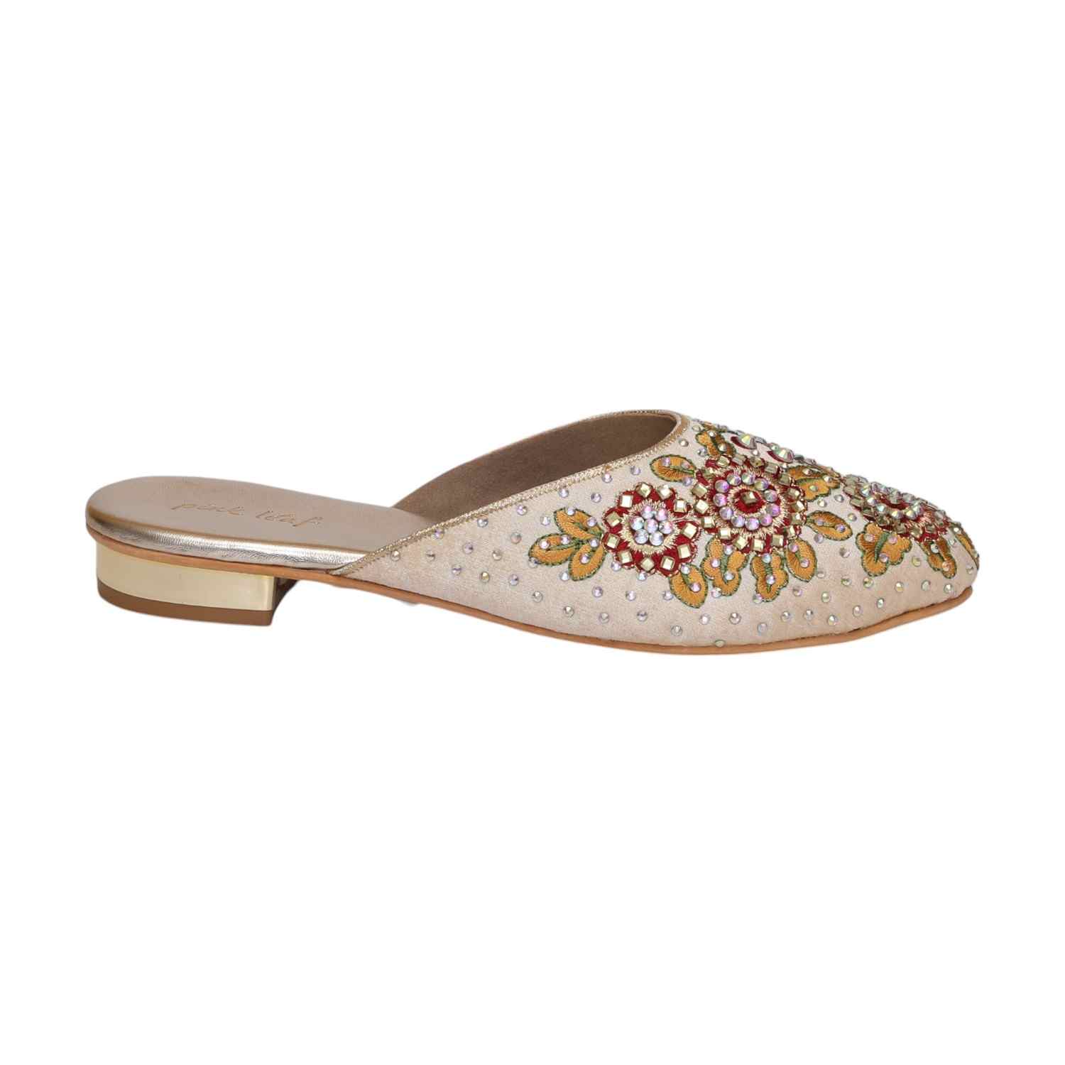 Women Gold Embroidered Slip-On Mules