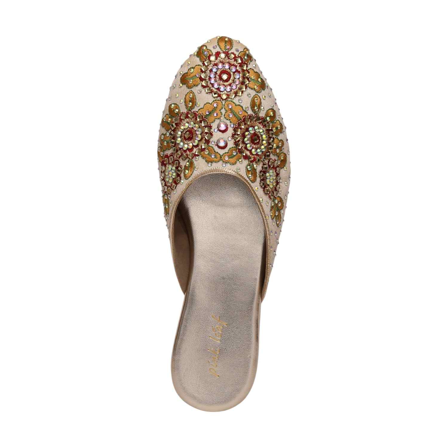 Women Gold Embroidered Slip-On Mules