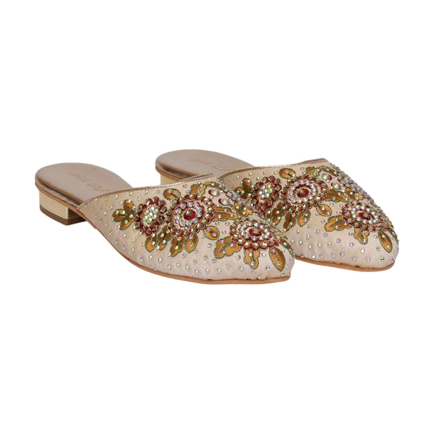 Women Gold Embroidered Slip-On Mules