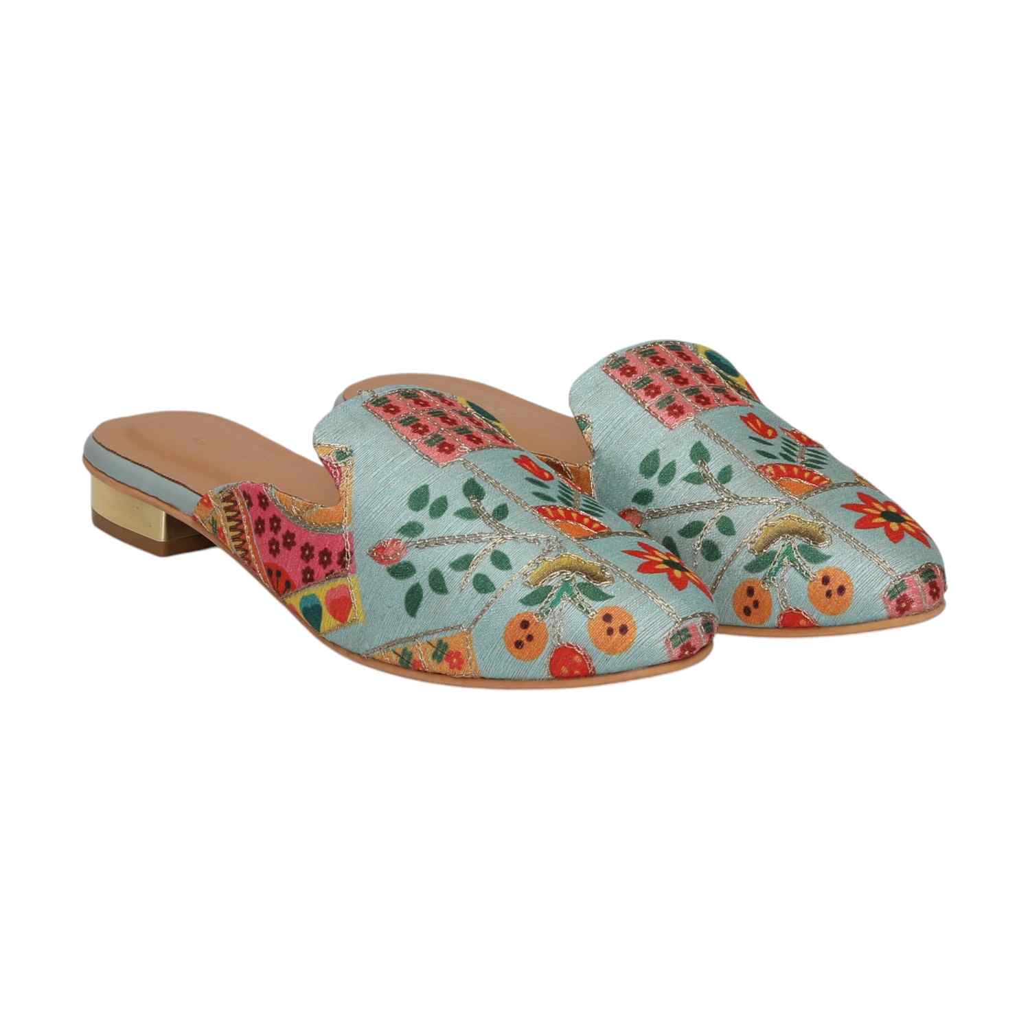 Women Indie Blue Printed Mule