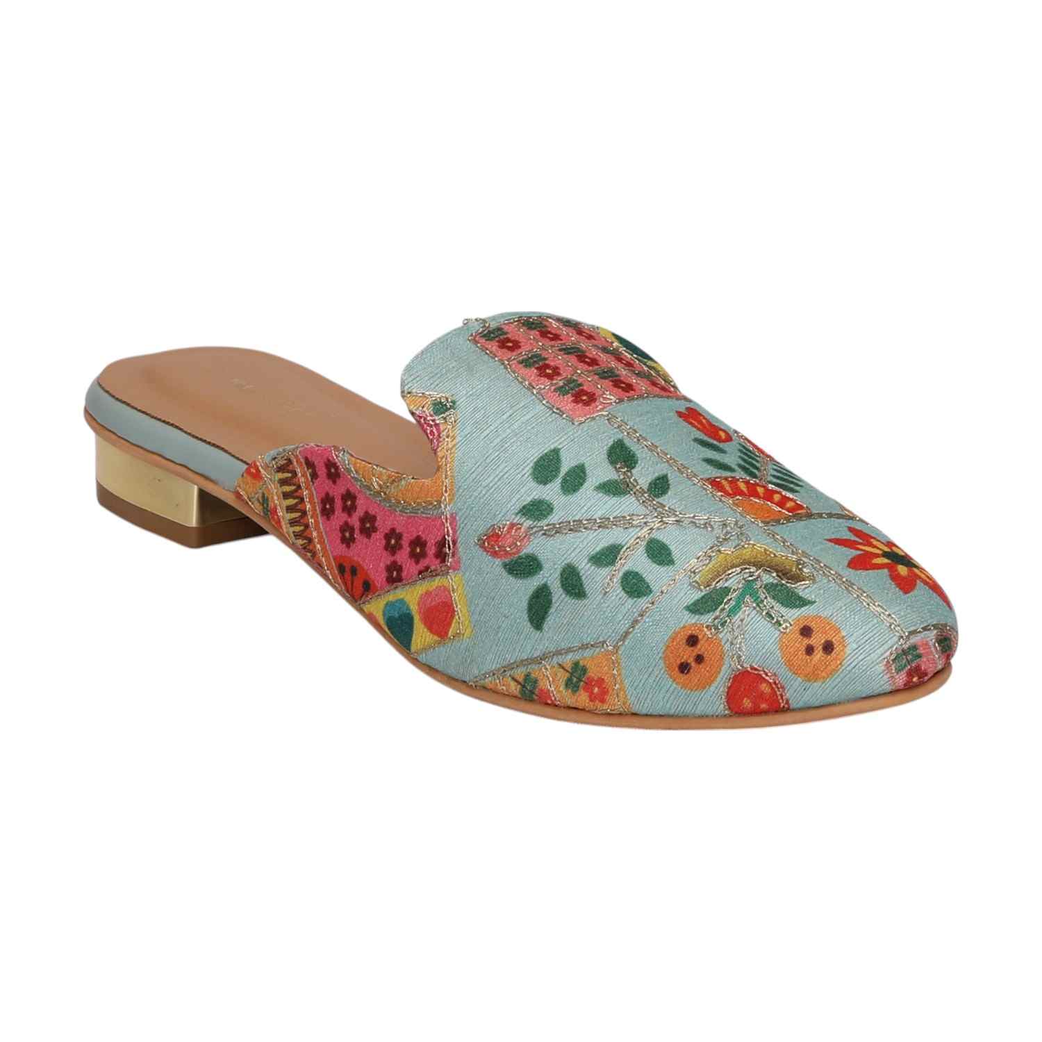 Women Indie Blue Printed Mule
