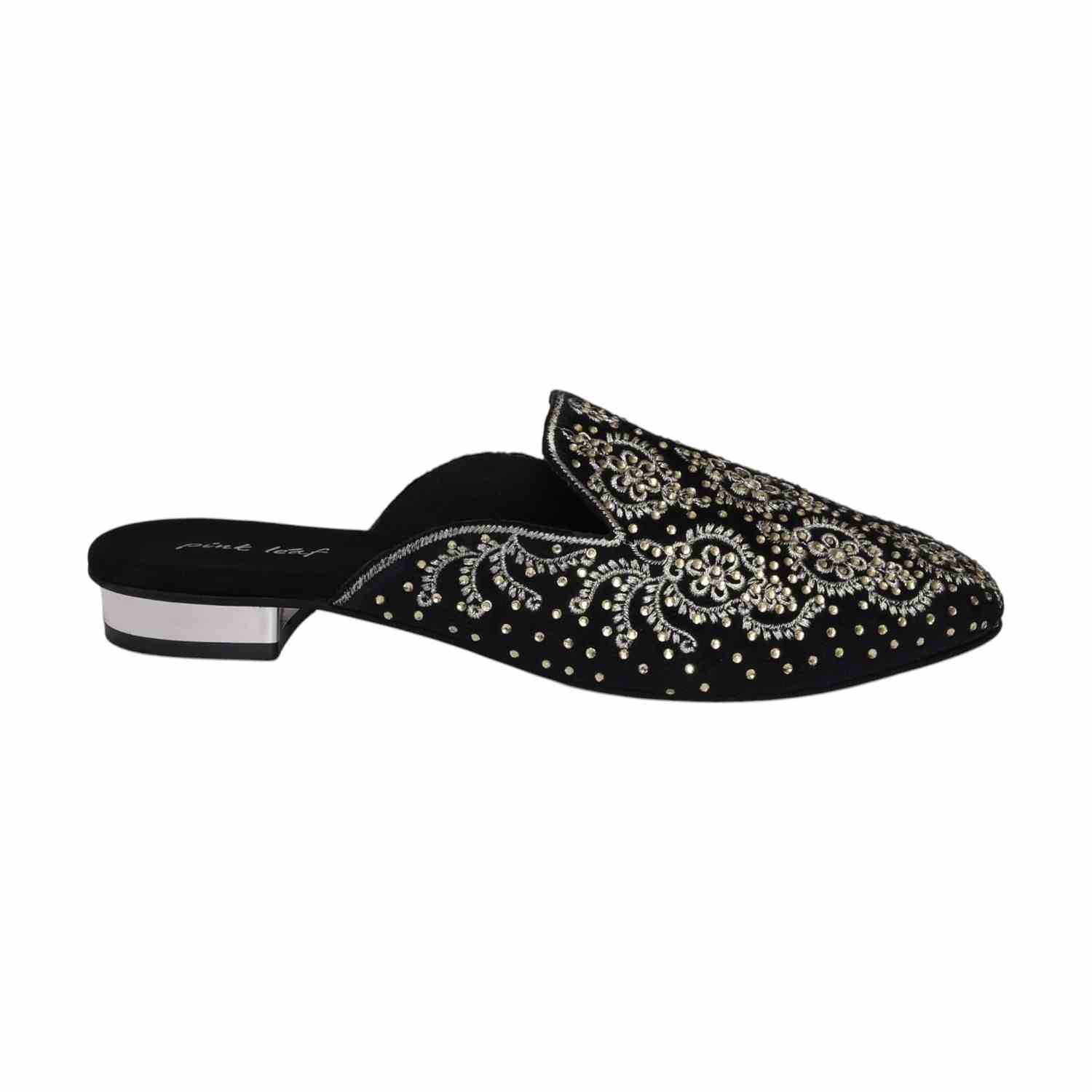 Women Black Embroidered Slip-On Mules