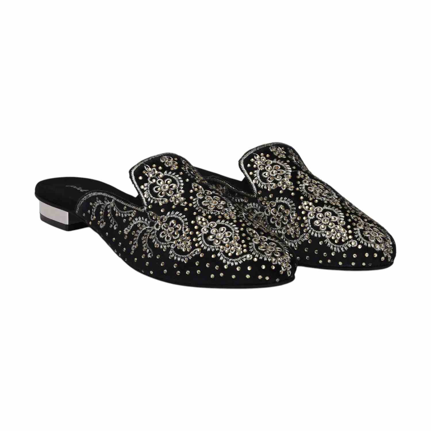 Women Black Embroidered Slip-On Mules