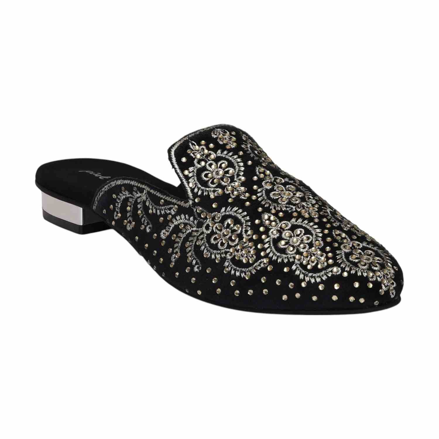 Women Black Embroidered Slip-On Mules