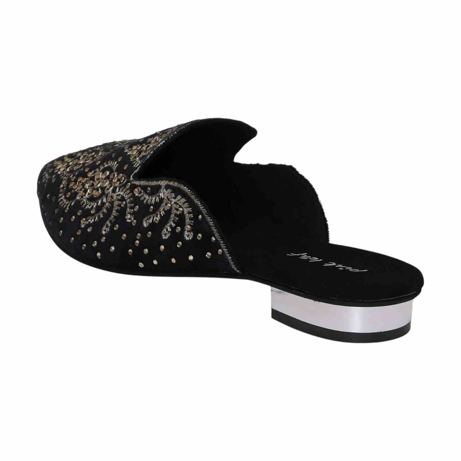 Women Black Embroidered Slip-On Mules