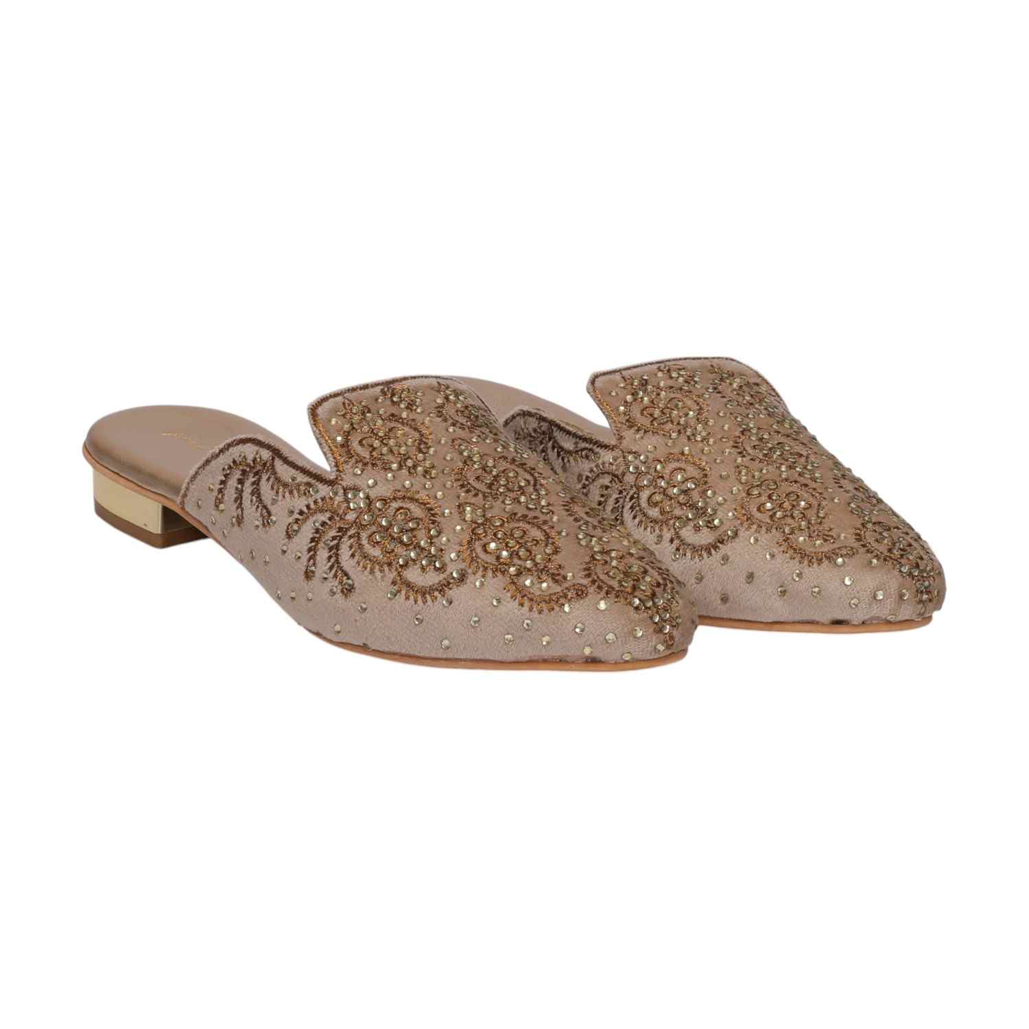 Women Gold Embroidered Slip-On Mules