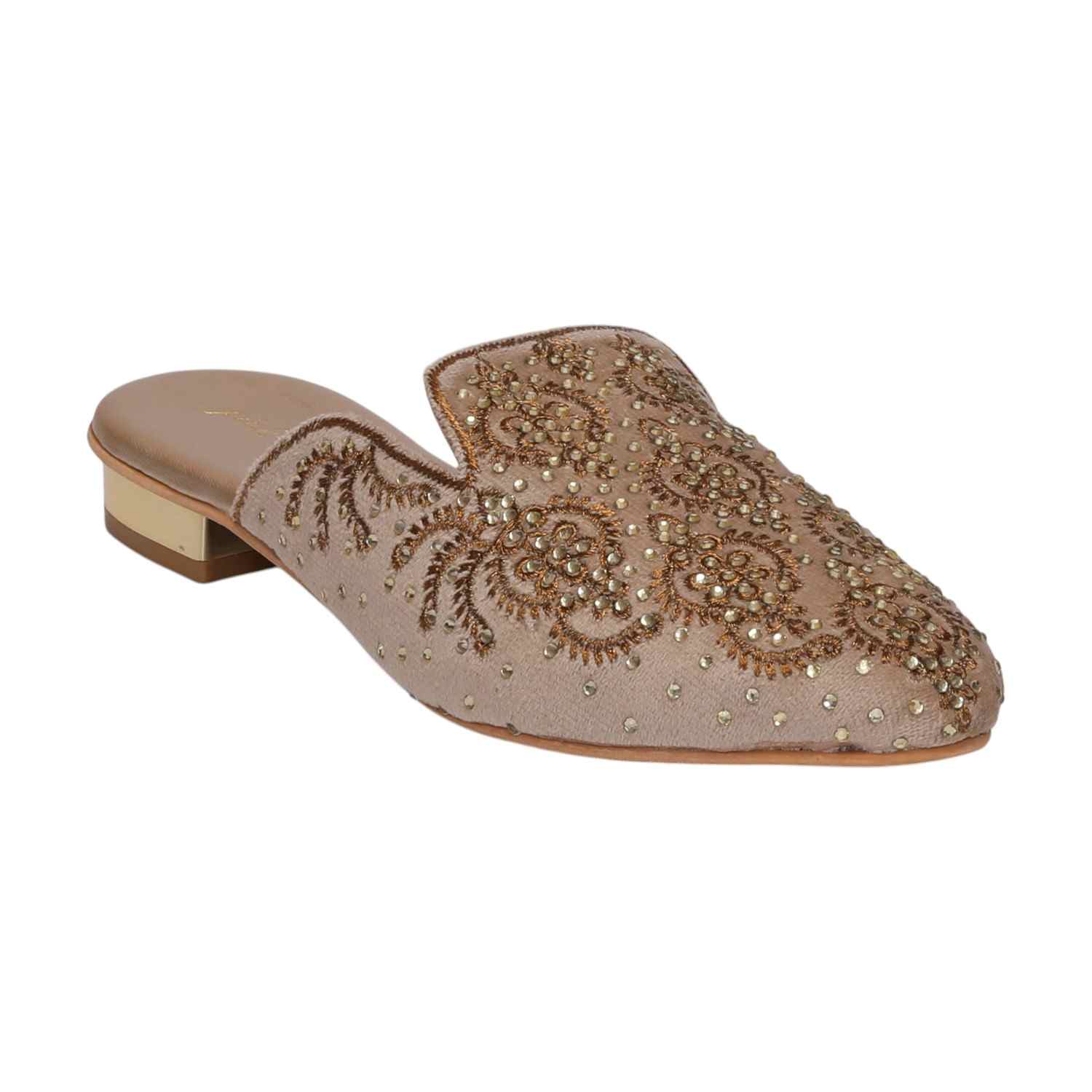 Women Gold Embroidered Slip-On Mules