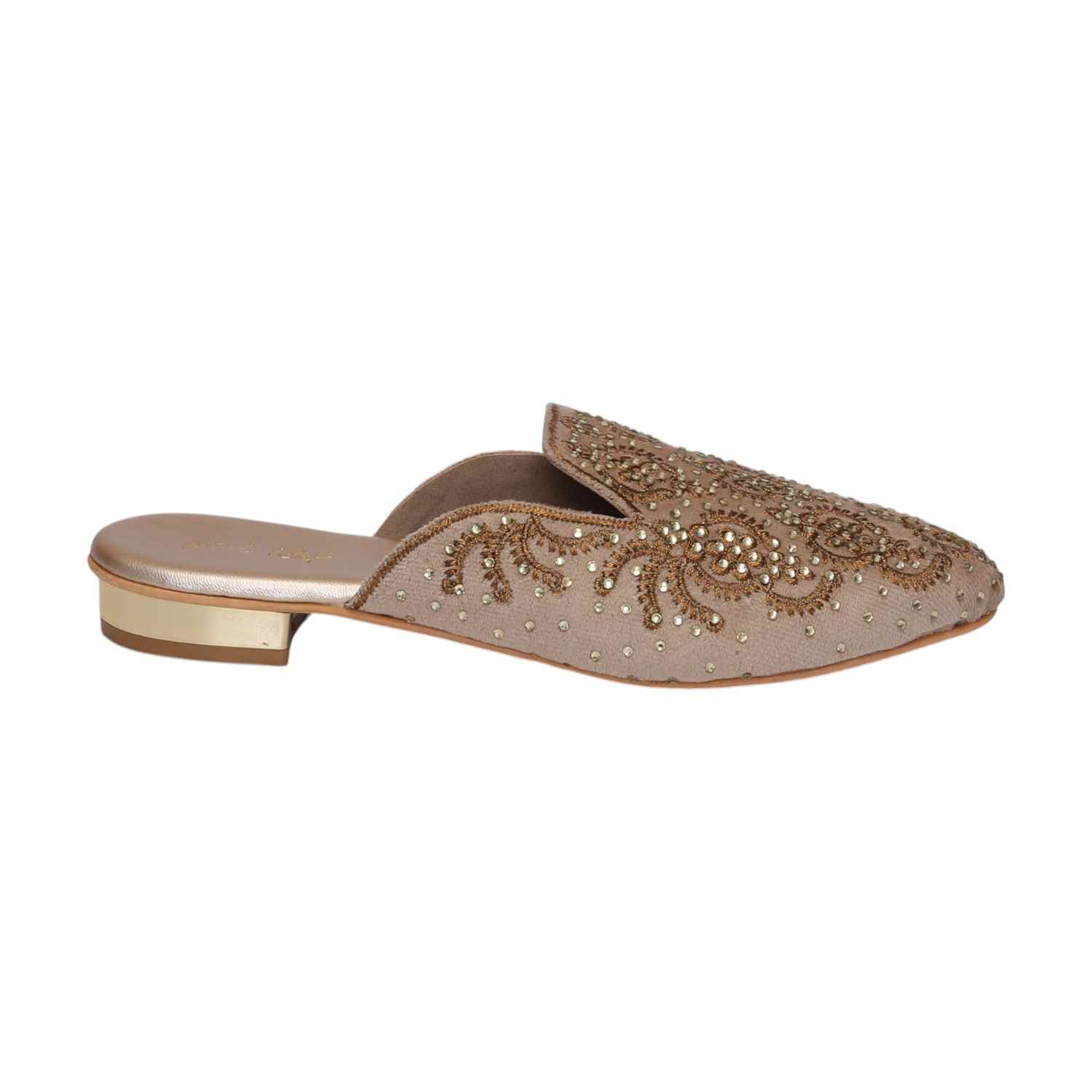 Women Gold Embroidered Slip-On Mules