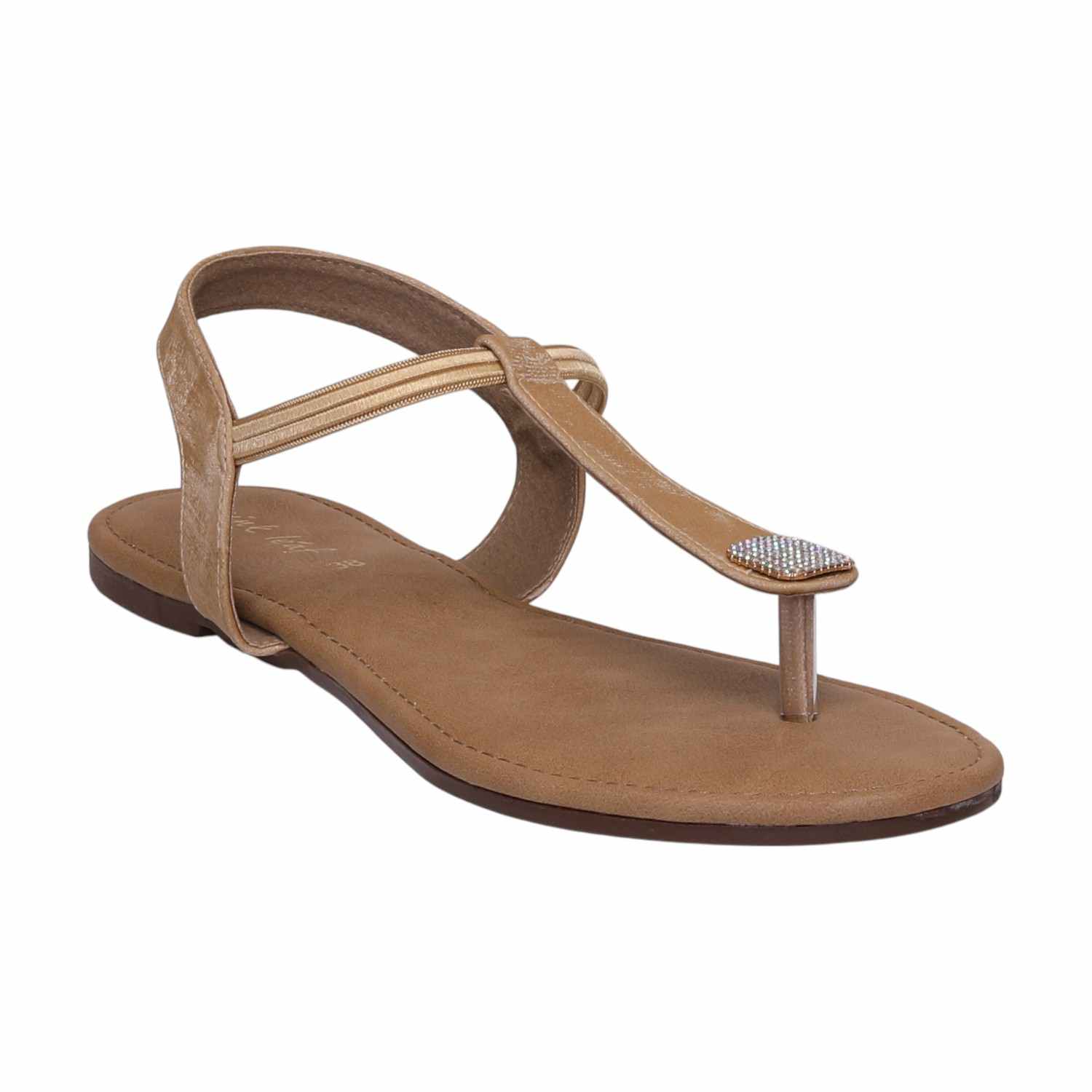 Women Beige Sparkle Ankle Strap Flats