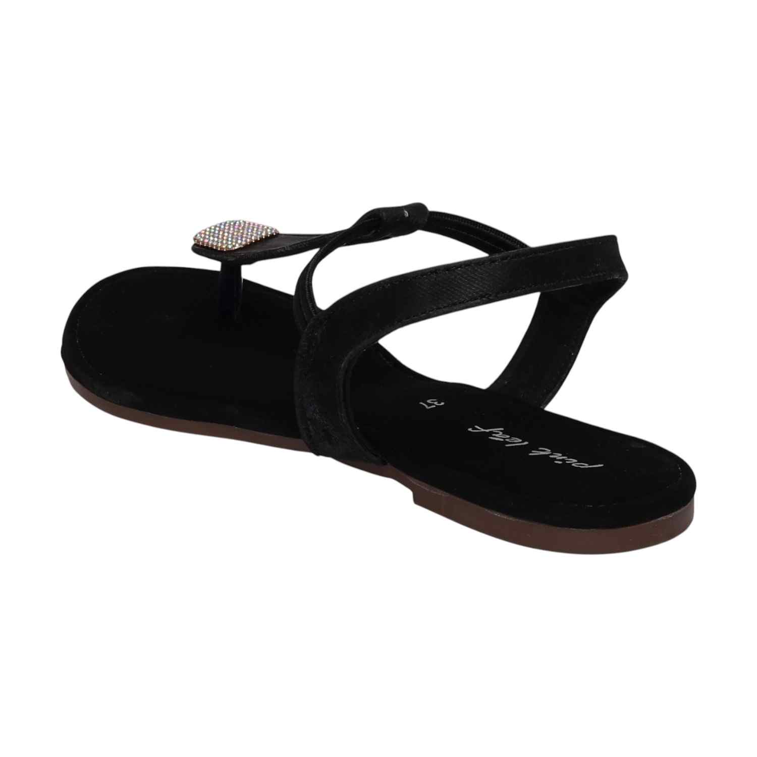 Women Black Sparkle Ankle Strap Flats