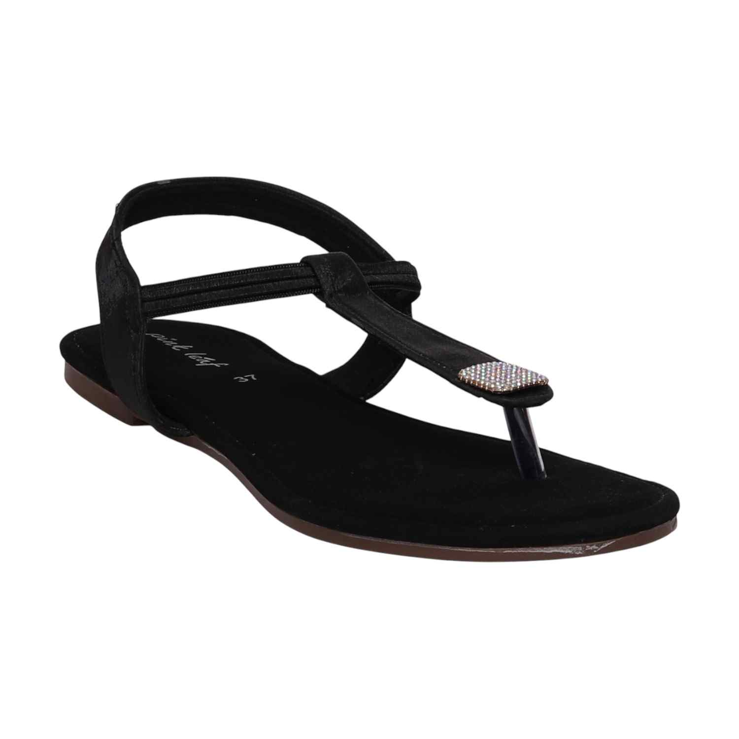 Women Black Sparkle Ankle Strap Flats