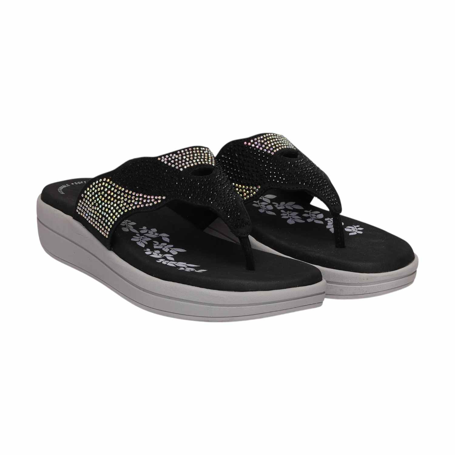 Women Black Wedges With Rhinestone Embellishments