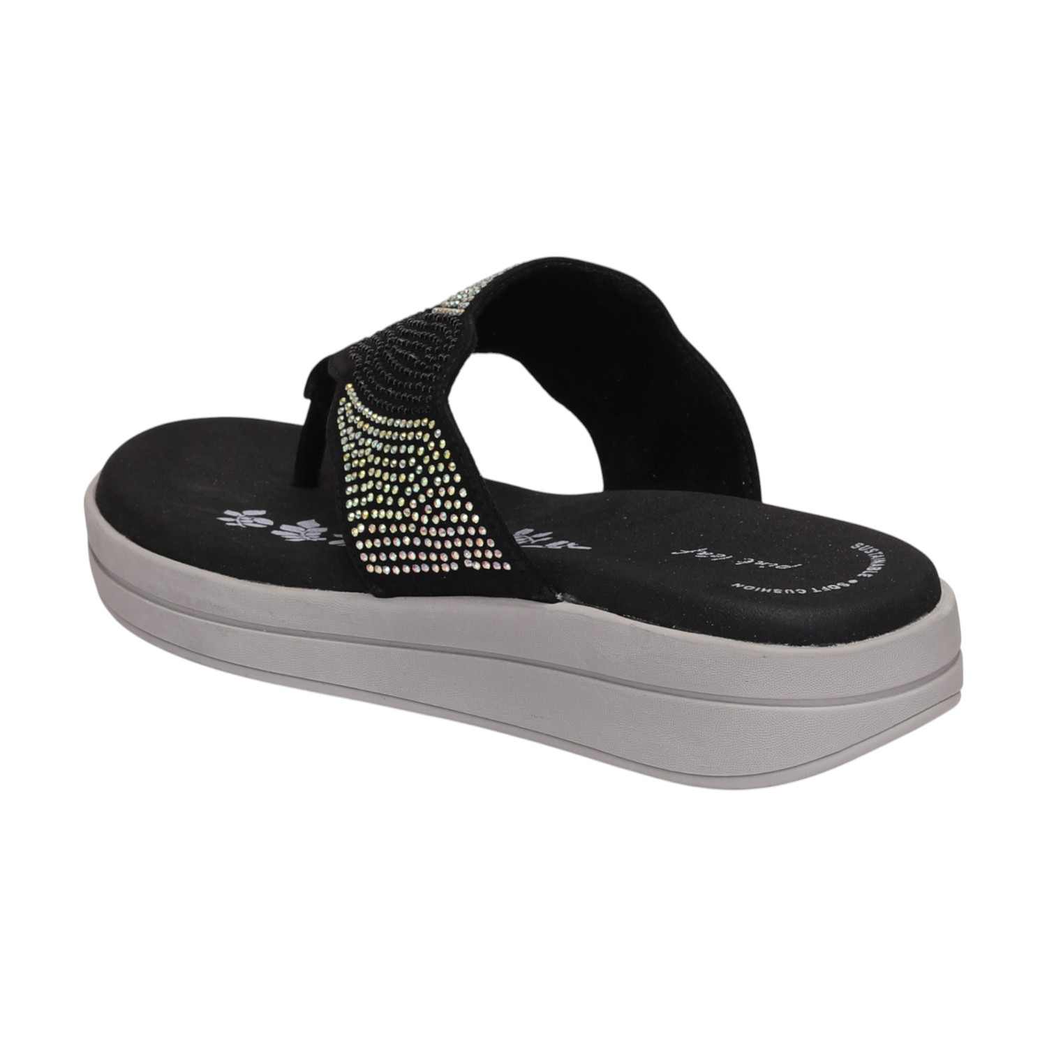 Women Black Wedges With Rhinestone Embellishments