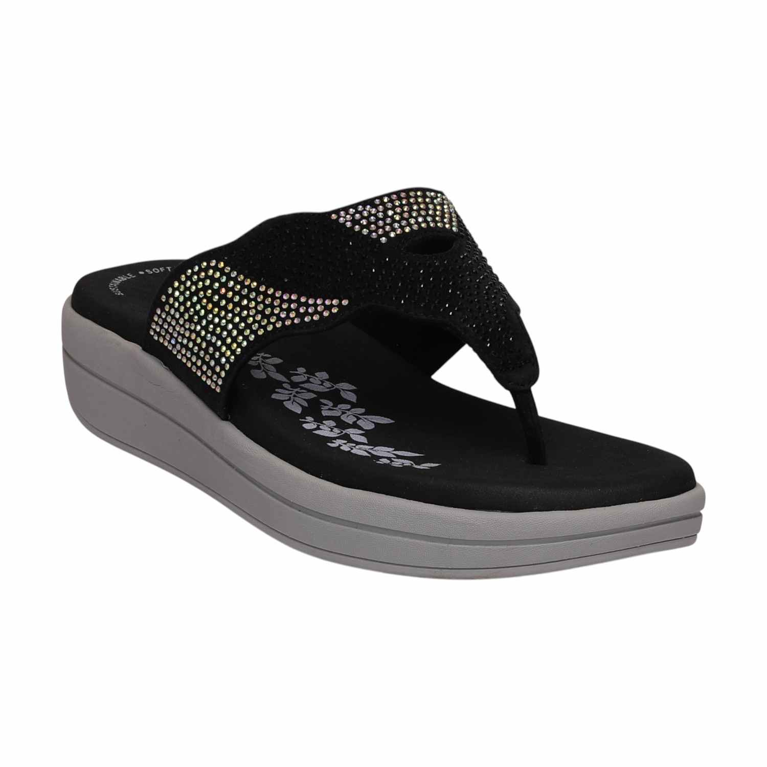 Women Black Wedges With Rhinestone Embellishments