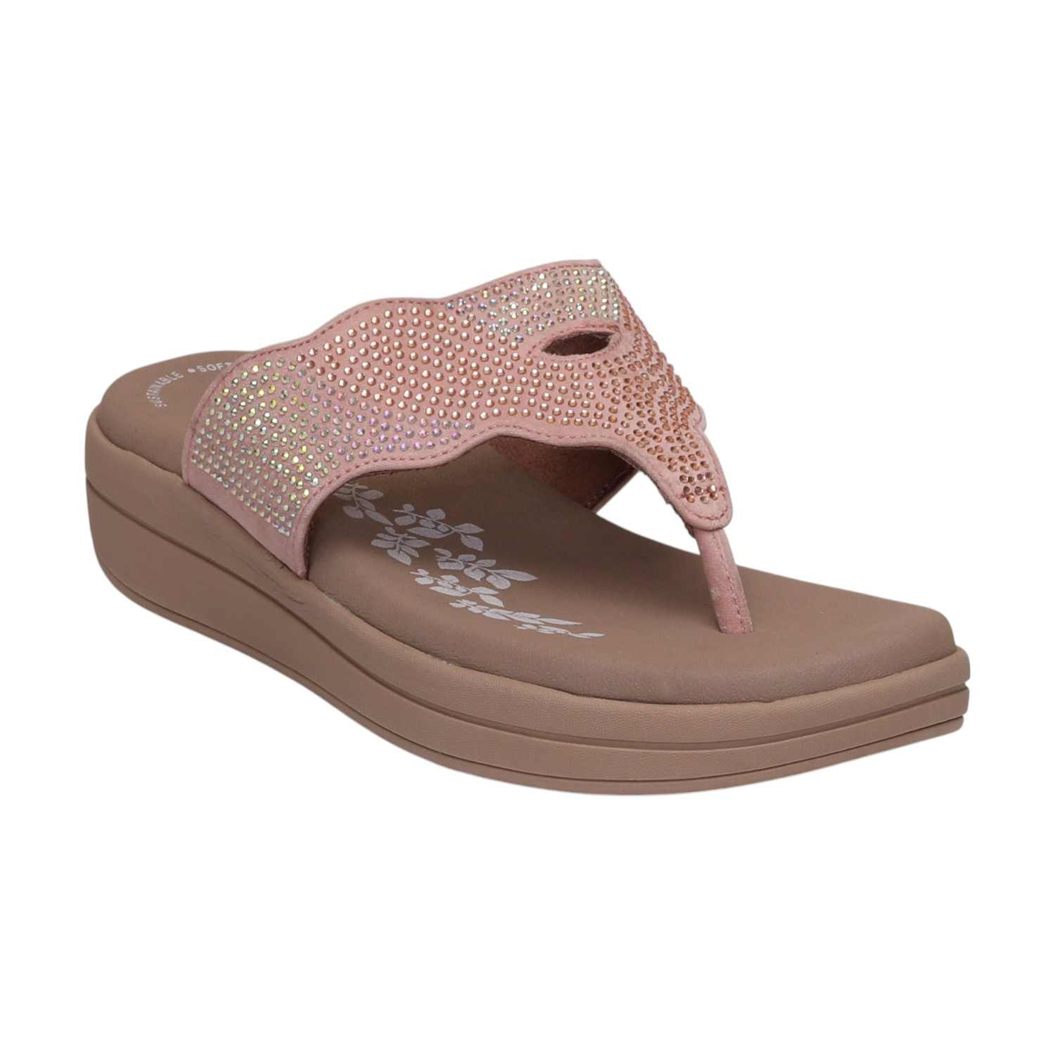 Women Pink Wedges With Rhinestone Embellishments