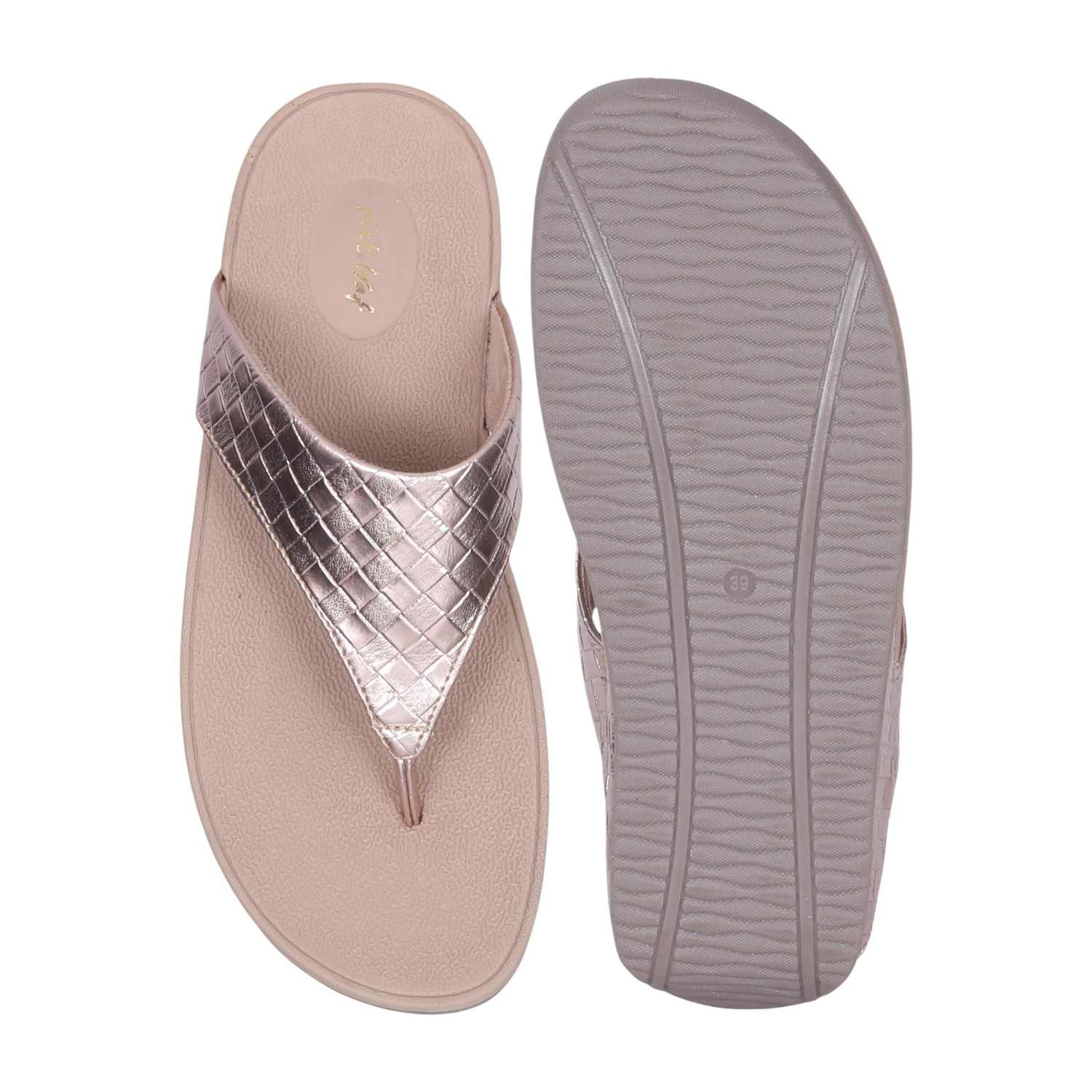 Women's Rose Gold Textured Strap Comfort Wedge Sandals