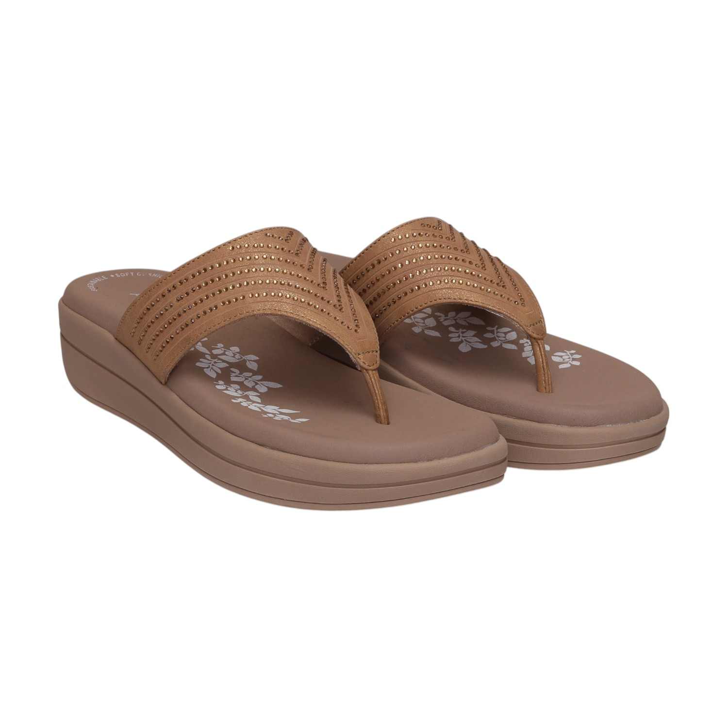 Women Beige Stone Embellished Wedges