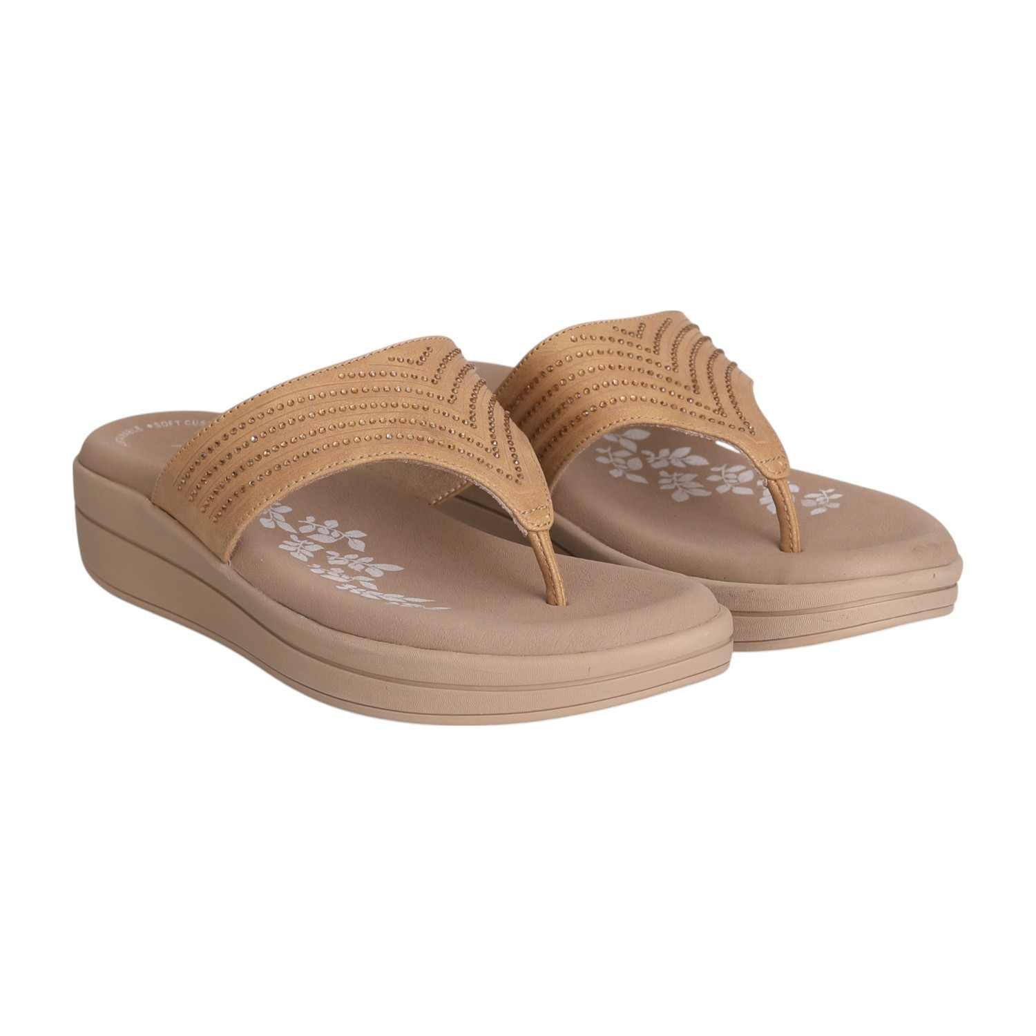Women Beige Stone Embellished Wedges