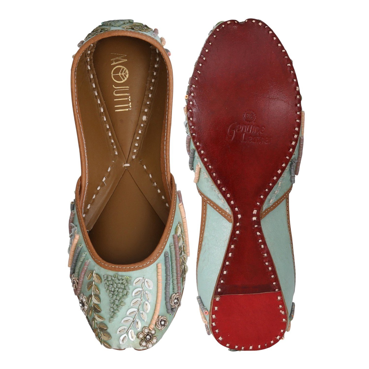 Women Sea Green Embroidered Mojaries