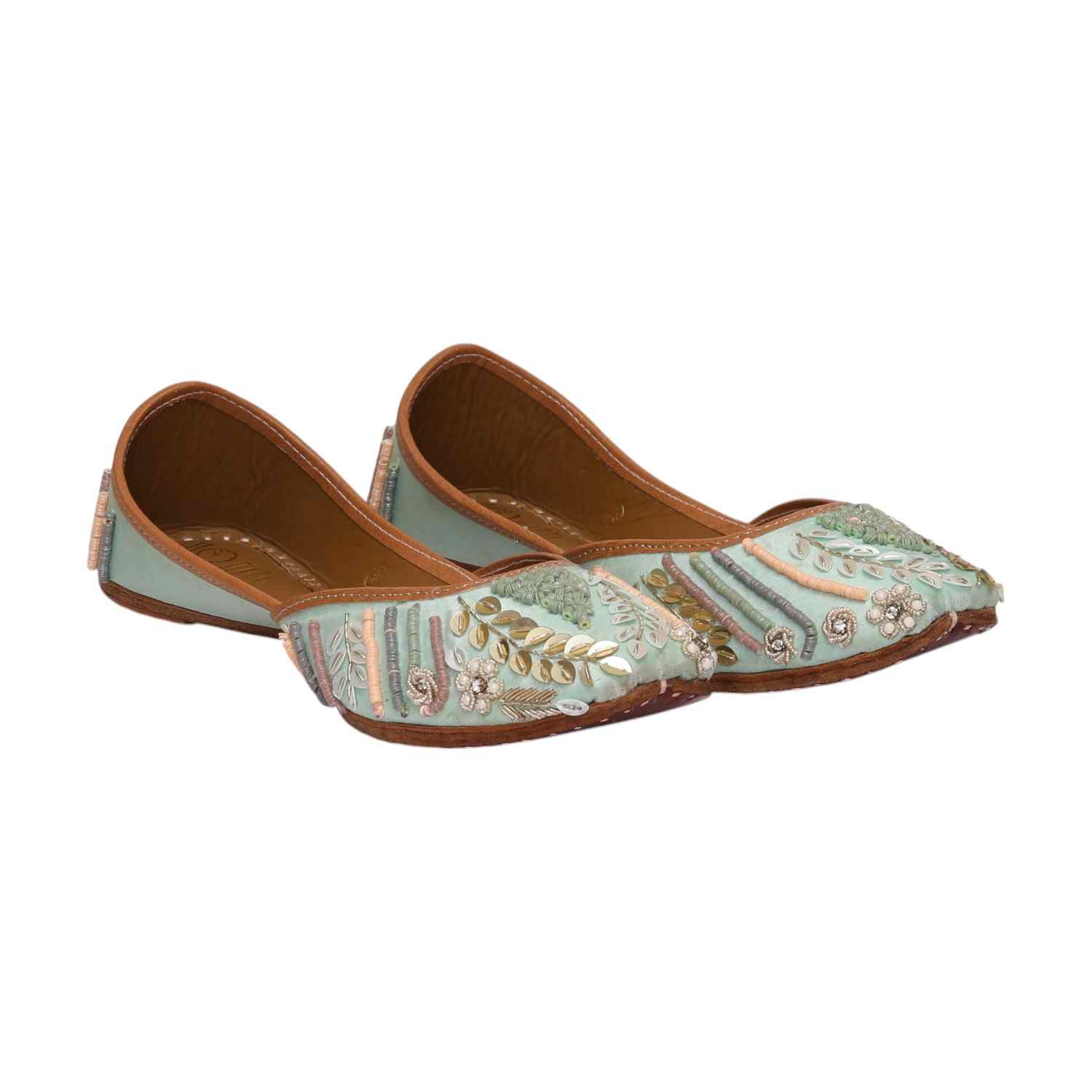 Women Sea Green Embroidered Mojaries