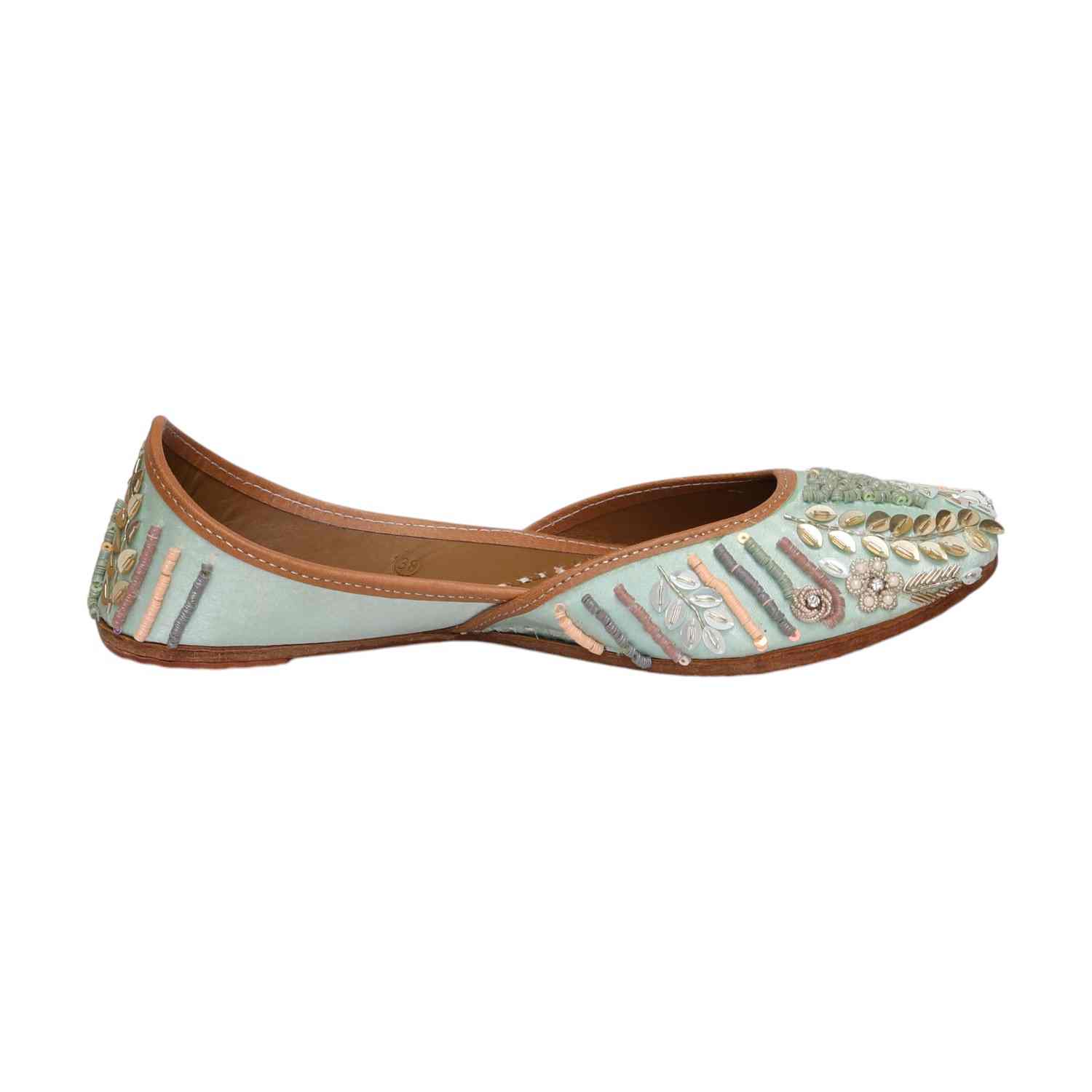 Women Sea Green Embroidered Mojaries