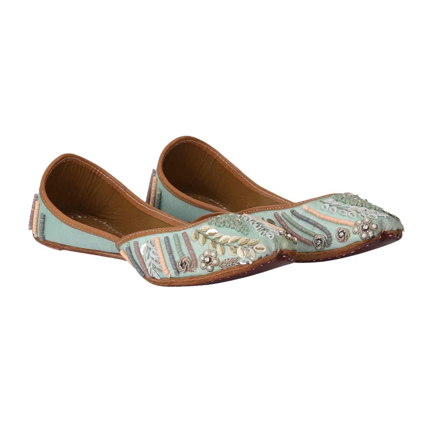 Women Sea Green Embroidered Mojaries