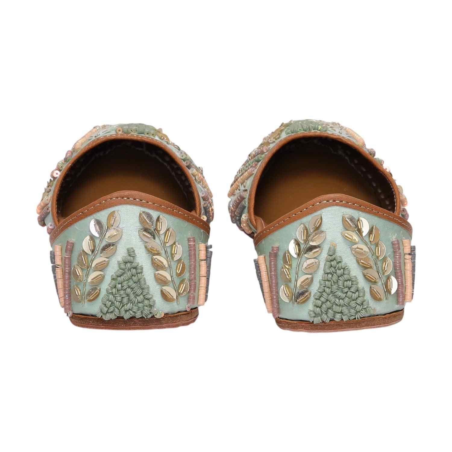 Women Sea Green Embroidered Mojaries