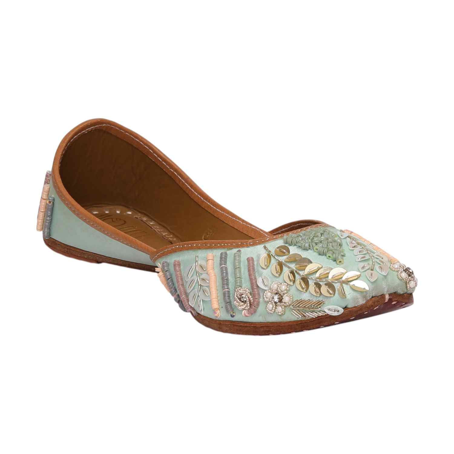 Women Sea Green Embroidered Mojaries