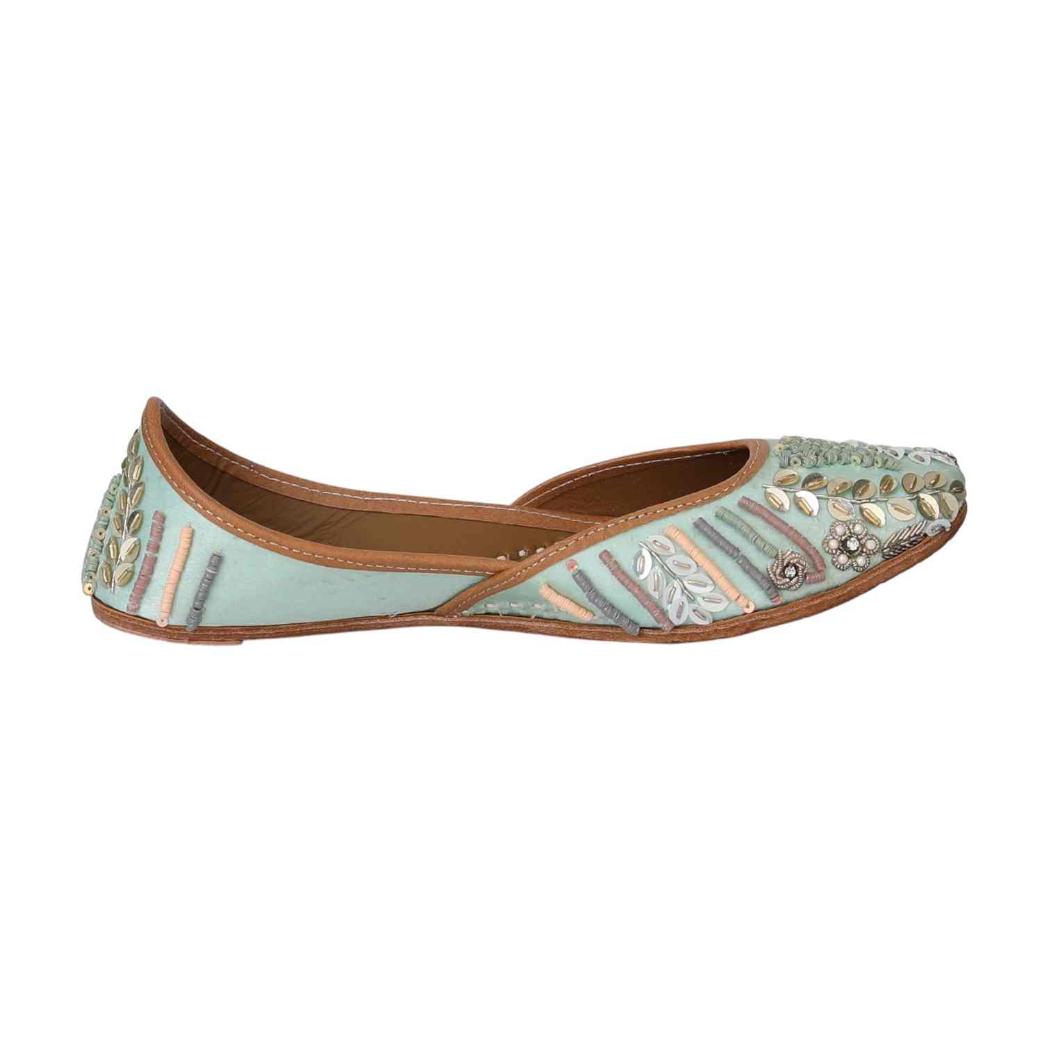 Women Sea Green Embroidered Mojaries