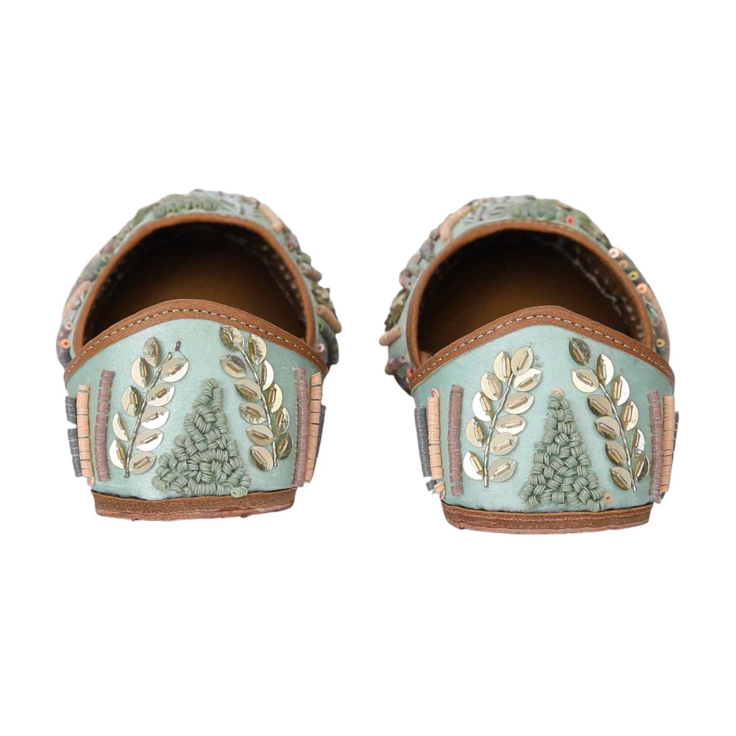 Women Sea Green Embroidered Mojaries